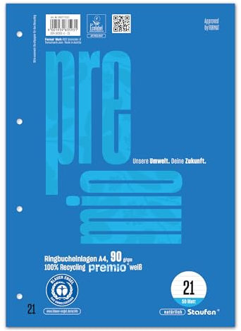 Staufen premio Ringbucheinlagen - 5 Blöcke je 50 Blatt, DIN A4, Lineatur 21 (9 mm liniert), 4-fach Lochung, 90 g/m² Recyclingpapier