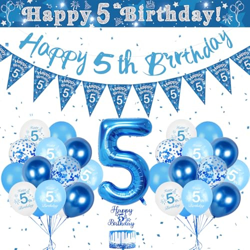 Luftballon 5. Geburtstag Blau, Geburtstagsdeko 5 Jahr Junge, 32 Zoll Blau Luftballons Zahlen 5, Deko 5. Geburtstag Junge Happy Birthday Banner Kindergeburtstag Deko