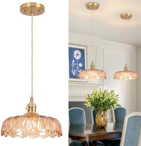 Vloitgol Glas-Pendelleuchte, bernsteinfarbene Deckenleuchte, E27 25cm, hängende Deckenleuchten, Vintage-Pendelleuchte, Kronleuchter für Kücheninsel Schlafzimmer Flur Arbeitszimmer Kaffeebar Wohnzimmer