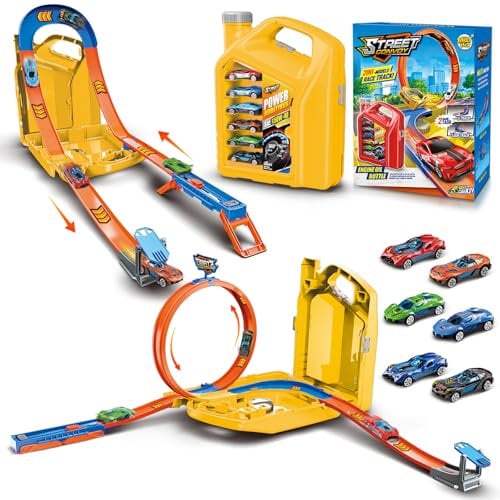 Charmofun Piste de Course 2 en1, Circuit Voiture Enfant avec 6 Voitures, Bboîte Rangement, Piste de Voiture avec Looping et U Track, Portable Jouet Circuit Voiture pour Enfants de 3+ Ans (Jaune)