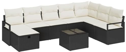 vidaXL 5-teiliges modulares Outdoor-Sofa-Set mit Kissen in Schwarz aus Poly-Rattan | Moderne Gartenmöbel wetterfest und bequem für Leute. Rechteckiger Esstisch mit geflochtenen Stühlen.