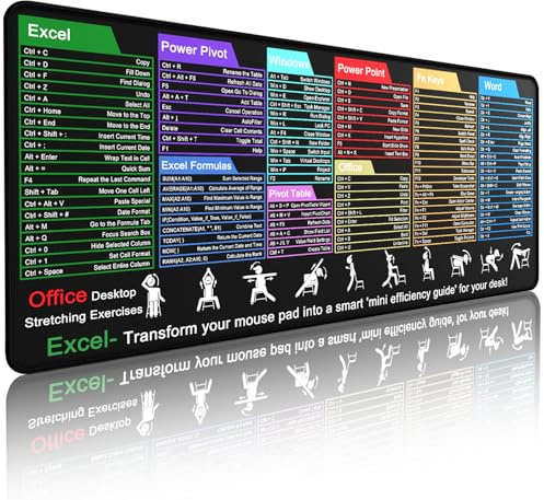 Excel Shortcuts Desk Mat - XL Cheat Sheet Mouse Pad with Desk Exercise Diagrams Non-Slip Stitched Edges for Office/Gaming/Home/Employee Gift