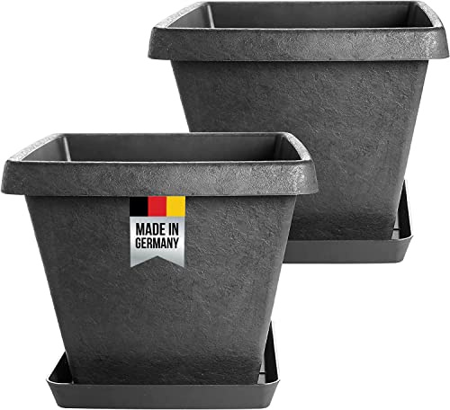 2er Set Design-Pflanzkübel Groß, Elegante Steinoptik, 34x34x28 cm, Blumenkübel mit Untersetzer, Farbe: anthrazit Made in Germany