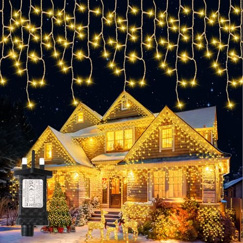 Eisregen Lichterkette Außen Weihnachtsbeleuchtung 12,8m 400LEDs IP65 Wasserdicht LED Lichtervorhang Aussen mit Timer, Weihnachtslichterkette 8Modi für Balkon Fenster Geländer Weihnachten Deko-Warmweiß