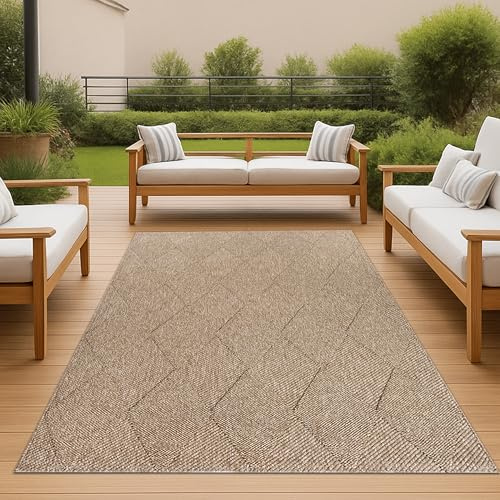 Teppich-Traum In- & Outdoor Teppich Rautenmuster Jute-Look Beige 120x160 cm | Pflegeleicht, wetterfest, UV-beständig, robust, formstabil und schmutzabweisend, für Balkon, Terrasse, Flur und Esszimmer