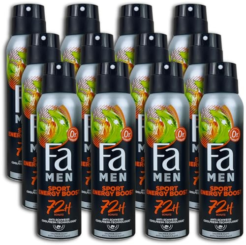 Fa Men Deospray Sport Energy Boost (12x 150 ml), Anti-Transpirant mit bis zu 72 h Schutz vor Schweiß & Körpergeruch, Deo mit dem aktivierenden Duft von Ingwer & Zitrone