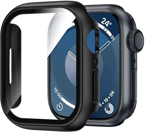 Kamita Funda Impermeable para Apple Watch Serie 9/Serie 8/Serie 7 45mm, PC Bumper Case con Protector de Pantalla de Cristal Templado, Shockproof Carcasa de Protección Total para iWatch 45 (Negro)