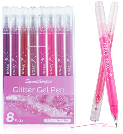 SMOOTHERPRO Metallic Glitter Gel Pens | Pack of 8 | 1.0 mm Tip Red Glitter Sparkly Biro | Gel Pens for Adult Colouring Books Cards Journaling Crafting Drawing Writing（GLP008R）| Red Series