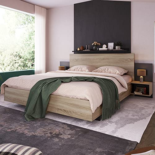Terahanda Doppelbett Holzbett Bettanlage 160 x 200 cm mit 2 Nachtkommoden Modernes Bett inkl. 2 Nachttischen Schlafzimmer Komplett-205.5x235x76.5 cm(T/B/H) Set in Eiche Sonoma/Dunkelgrau
