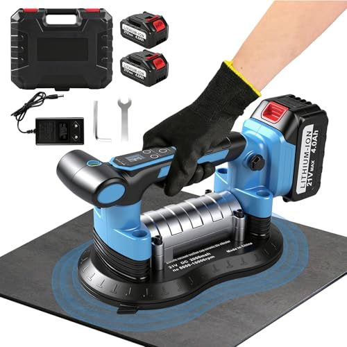 Vibrador Azulejos 200KG Potencia Succión, 2 en 1 Ventosa Eléctrica & Vibrador Azulejos, 25 cm Ventosa vacío para Vidrio con 2 Baterías 4,0 Ah, 9 velocidades ajustables, para Baldosas Vidrio Mármol