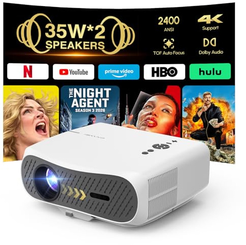 Smart 4k Outdoor Projector 2400 ANSI with Netflix 1200cc Deep Bass Speakers,Dolby Audio, HDMI eArc, WiFi and Bluetooth Video Proyector, 2G+64G, Wireless Cast with iPhone for Gaming Presentation Home