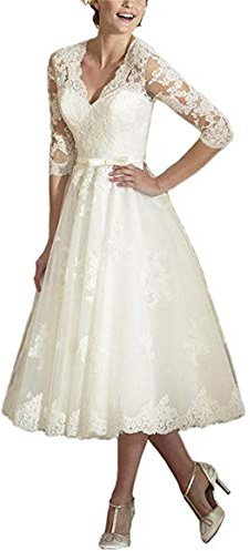 ANJURUISI Women's V Neck Long Sleeves Tea Length Short Wedding Dresses Ivory-UK18