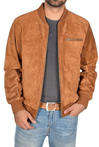 A1 FASHION GOODS Mens Real TAN Suede Bomber Jacket Leather Sports Varsity Baseball Casual Coat Roco