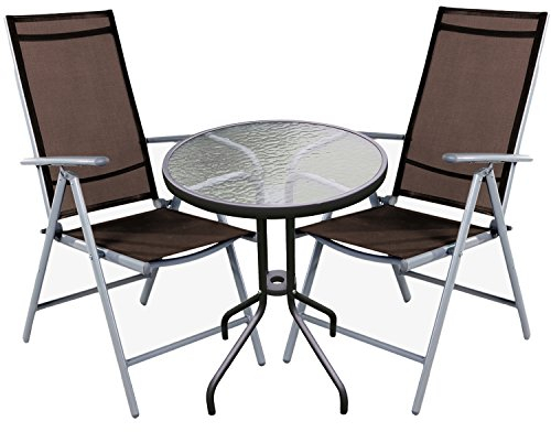 Mojawo® Bistrogarnitur 3-teilig Bistrotisch Glas/Metall/Aluminium Rund Ø 60 H70cm Silber + 2 Stapelstühle Aluminium/Textilien Silber/Schokobraun
