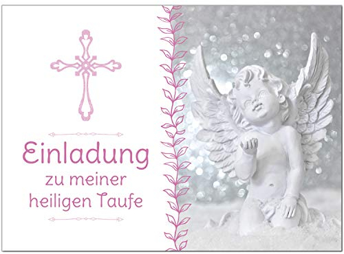 10 x Einladung zur Taufe/Einladungskarten mit Umschlag im Set/Motiv: Kreuz mit Engel Rosa/Baby Taufkarte/Grußkarte/Postkarte /