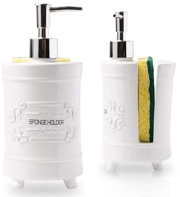 Comfify Dispensador de jabón de Cocina de diseño francés y Soporte de Esponja, Organizador de Fregadero de tocador, dispensador de jabón líquido Shabby Chic de 12.5 onzas con Bomba