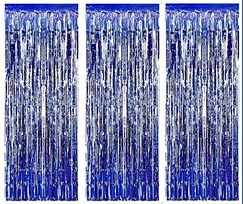 AILEXI 3 Stück Vorhänge, metallisch, glänzend, Blätter, Fransen, Vorhang für Tür, Fenster, Dekoration, für Geburtstag, Hochzeitszubehör, 92 x 245 cm – Dunkelblau