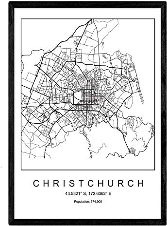 Nacnic Blade Christchurch Stadtkarte im nordischen Stil schwarz und weiß. Plakat A4 Bedruckte Papier Keine 250 gr. Gemälde, Drucke und Poster für Wohnzimmer und Schlafzimmer