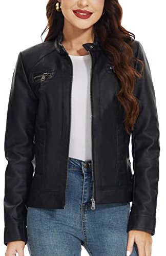 Fahsyee Trench Coat Giacche da Donna in Finta Pelle, con Cerniera, Corto, in Poliuretano, per Motociclista Outwear Aderente, Taglia, Nero Puro, Large