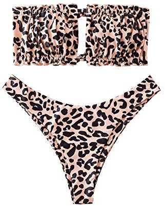 ZAFUL Damen Bikini Set, schulterfrei Bandeau mit Kordelzug & Rüschen High Cut Bademode mit Tierdruck (Leopardmuster, L)