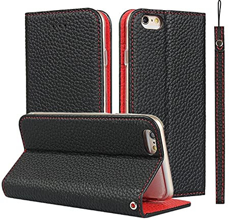 iCoverCase Genuine Leather Wallet Case for iPhone 6s/6, Flip Case with Kickstand, Magnetic Closure, Card Slots, Wrist Strap, Black