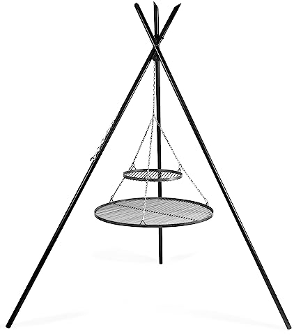 KORONO ® Schwenkgrill (Dreifuss), pulverbeschichtet, 220cm hoch mit Zwei Grillrosten (2 Grillroste (Roh-Stahl): 80cm Ø/40cm Ø/5mm)