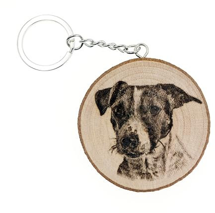 Porte-clés en bois naturel avec chien Jack Russell