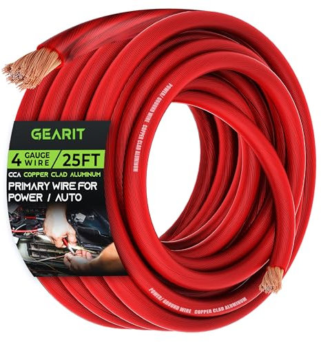 GearIT 4 Gauge Wire (25ft - Red Translucent) Copper Clad Aluminum CCA - Primary Automotive Wire Power/Ground, Battery Cable, Car Audio Speaker, RV Trailer, Amp, Electrical 4ga AWG 25 Feet