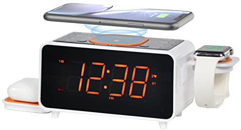 iTOMA Dual Wireless Charging Alarm Clock Radio with Bluetooth Speaker, FM Radio,Two USB Port,Dual Alarm, Snooze, Night Light, Auto & Manual Dimmer Control, 1.4 Orange Display CKS209