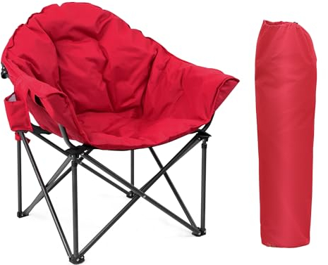 LET'S CAMP Oversized Camping Chairs Padded Moon Round Chair Saucer Recliner with Folding Cup Holder and Carry Bag(red)