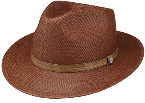 LIERYS Mesalon Fedora Panamahut Herren Made in Italy Hut aus Panamastroh Mit Ledergarnitur Gefüttert Krempenbreite 6,5 cm Sonnenhut Frühjahr Sommer braun M (56-57 cm)