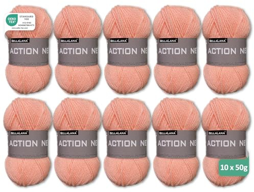 BellaLana Wolle Action New, Allzweckgarn, Stricken, 10x50gr, Lachs | 100% Polyacryl-Garn, weich, angenehm & pflegeleicht - Lauflänge ca. 133m - Nadelstärke 3-4 - für Pullover, Schals, Decken