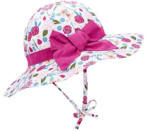 Durio Sonnenhut Kinder Baby Mädchen Sommerhut Sonnenschutz UPF 50 Sommer Kinderhut Fischerhut mit Breite Krempe Weiß mit Rose S 6-12 Monate
