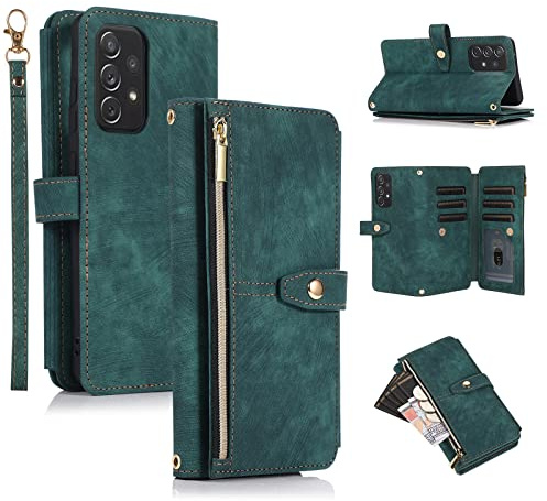 UEEBAI Hülle für Samsung Galaxy A52 4G/5G, Leder Klapphülle, Retro Grün | 9 Kartenfäche Lederhülle mit Umhängegurt Handschlaufe Ständer Reißverschluss Handyhülle Magnetverschluss Wallet Flip Case