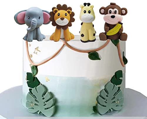 DiDida 4pcs Multicolored Safari Animal Cake Topper with Lion, Giraffe, Monkey, Elephant for Baby Shower & Birthday