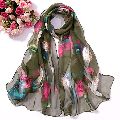 Générique Écharpe Rose Poudré écharpes Simulation écharpe Longue écharpe Soft Wrap Shawl Impression Femmes Roses de Soie Foulard de Mode Pince Cravate Tête De Mort (Army Green, One Size)
