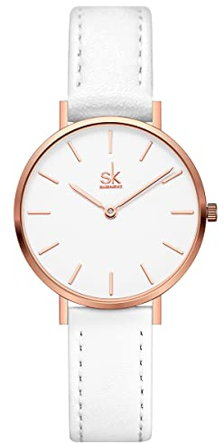 SK Ultradünne Minialistische Damenuhren Einfache Zwei Zeiger Damen Kleid Uhr Lederband, Weiß