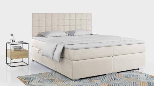 MKS MEBLE Boxspringbett 140x200 mit Bettkasten, Bett 140x200 mit Stauraum und Kopfteil, Polsterbett mit Multipocket - Matratze H3 und Topper - Carmen - Beige Velvet