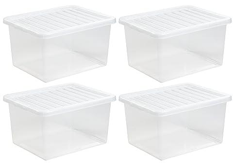 JMS we create smile - Pack of 4 x Plastic Storage Boxes Crystal Clear 37L Box & Lid Home Office Stackable & Nestable - Lid Colour - Clear