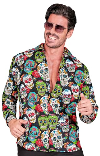 W WIDMANN MILANO Party Fashion Widmann WIDMANN - Dia de Los Muertos Shirt, schwarz mit Totenköpfen, Tag der Toten, Mexiko, Tag der Toten, Halloween Verkleidung (1er Pack)