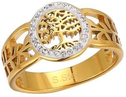 PAURO Acier Inoxydable Bague Ronde Creuse en Zirconium Arbre de Vie pour Les Femme Or Taille 60