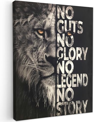 MuchoWow© Leinwand Bilder 50x70 cm Wanddeko Wohnzimmer Aesthetic Room Decor Deko Zimmer Wandbilder Modern Fotogeschenke Löwe - Sprüche - Tiere - No guts no glory no legend no story