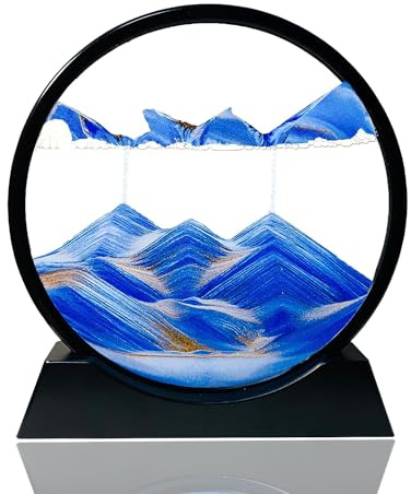 Ieron Bleu 7 Image de Sable en Mouvement, Tableau de Sable Fluide en Verre Rond 3D Sablier Dynamique Mer Profonde Décor Naturel Relaxant pour Bureau à Domicile