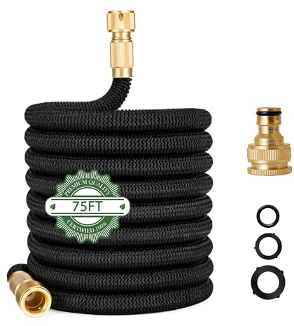 75FT Expandable Garden Hose, Never Kink Flexible Retractable Garden Hose Pipe for Garden Watering Lawn Pet Bathing Car Washing (Black Reaching 75FT After Expansion)