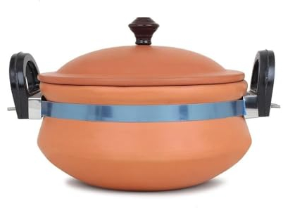 Handmade Clay Handi for Cooking 2 LTR/Bariyani Handi/Mitti Ke Bartani with Lid | Hand Craft Clay Pot for Cooking & Serving with Lid | Lightweight & Durable Mitti Handi, Brown Colour