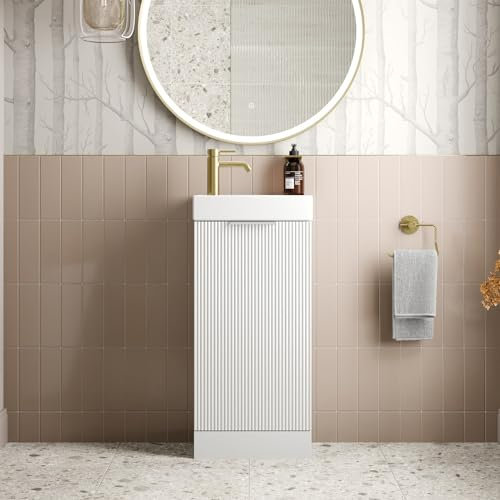 BAYSTONE® Fluted 400mm Bathroom Vanity Unit Ceramic Wash Sink, Cloakroom Storage Furniture Under Basin Cabinet Floorstanding Cupboard, Matt White