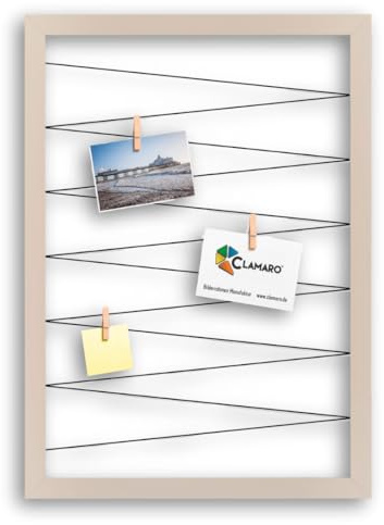 CLAMARO Bilderrahmen Collage Flex, 40 x 60 cm, Beige, mit 20 Holzklammern | MDF-Holzrahmen vollummantelt, vorgespannte Gummileine, Echtholz-Fotoklammern, Wandaufhänger, für Fotos, Postkarten, Notizen