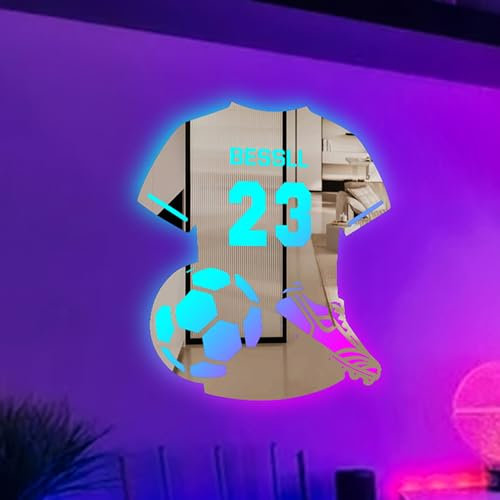 WILINNI Personalised Soccer Jersey Name Mirror Lamp Custom Name Acrylic Mirror Neon Sign Lighted Football Sign Gift for Soccer Lover Teen Boy Room Decor Christmas Birthday (Style 1)