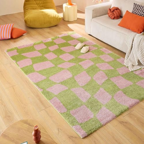 Nazar Teppich Groovy, bunt, Vintage, Retro, geometrisch, Orange, Gelb, Rosa, Rot, flauschig und bequem, Wohnzimmerteppich (383 grün, 80x140 cm)