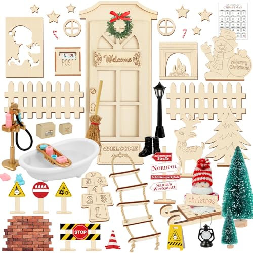 Gaeymy Wichteltür Set,2025 Wichtel Zubehör Weihnachten Adventskalender mit Baustelle,Wichtelhaus Weihnachtswichtel Komplett,Miniatur Schablone Briefkasten,Stiefel,Fußabdrücke,Strickleiter,Badewanne